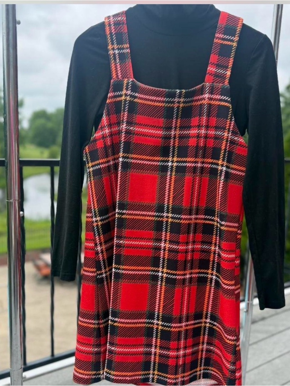 SHEIN Red & Black Plaid Pinafore Dress